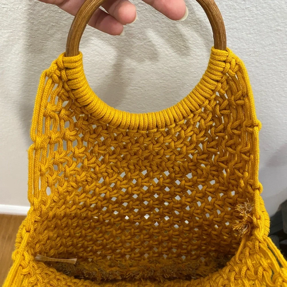 Yellow Woven Handbag with Wooden Handles - Picture 7 of 7